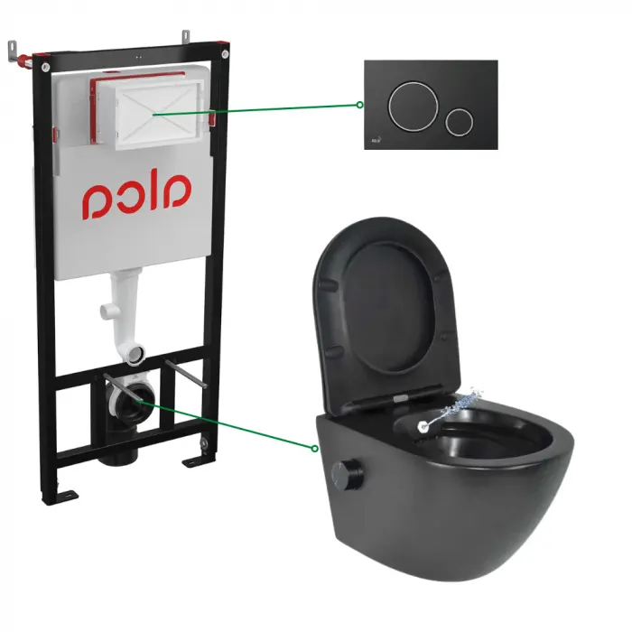 Set vas wc suspendat cu functie bideu si baterie inclusa Oslo, rezervor incastrat si clapeta negru mat cu detalii argintii, Alcadrain