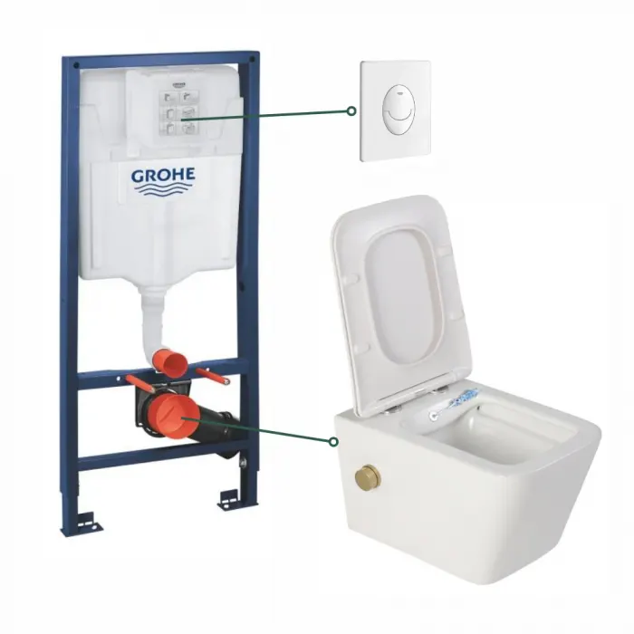Set vas wc suspendat cu functie bideu alb si baterie inclusa auriu mat Safari, rezervor wc incastrat si clapeta alb lucios, Grohe