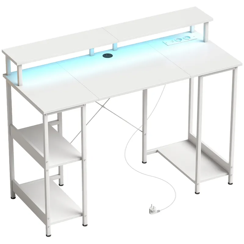 HOMCOM Birou pentru Computer Reversibil cu Rafturi, 120x50 cm, cu Prize și Lumini LED, Alb cu Efect de Lemn