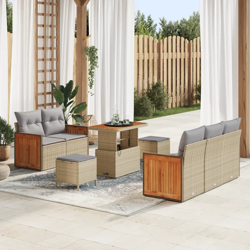 Set de sofa de gradina cu 8 piese si pernite bej poliratan acacia, set de dining gradina cu 3 piese si pernite bej poliratan acacia