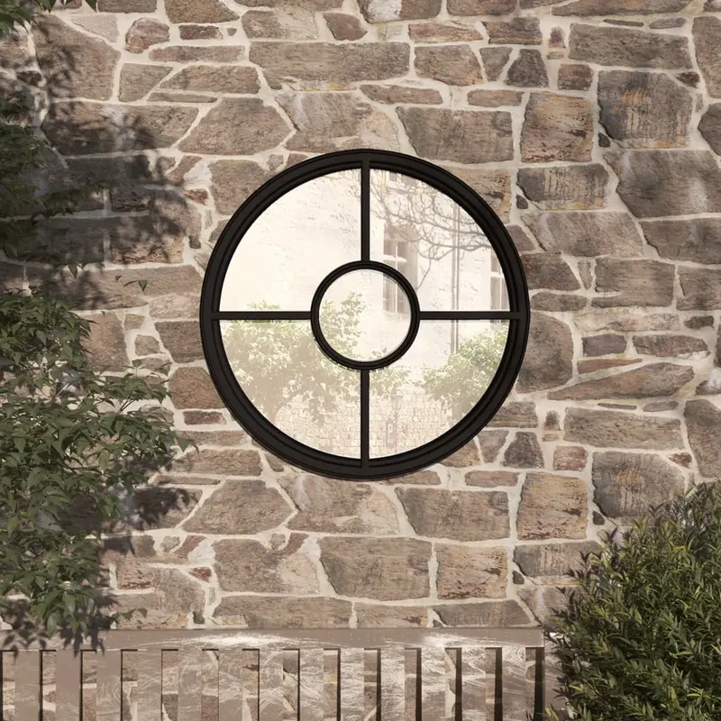 oglinda de gradina rotunda, negru, 60x4 cm, fier, uz exterior