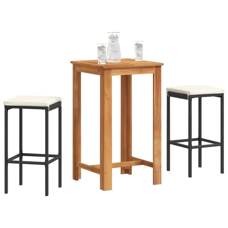 set bar de gradina 3 piese negru lemn masiv acacia si poliratan