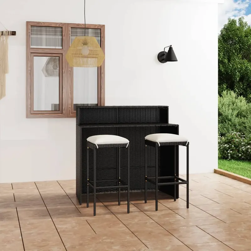 set mobilier bar de gradina cu perne, 3 piese, negru