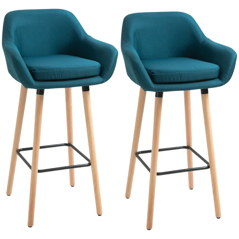HOMCOM Taburete de Bar Design scandinav - Set de 2 Taburete de Bar Grand Confort cu Suport pentru Picioare și Cotiere - Lemn masiv Lână albastră