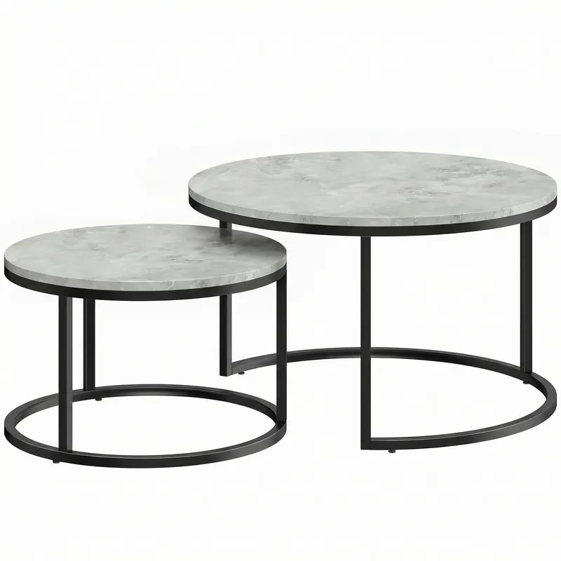 HOMCOM Set 2 măsuțe de cafea moderne, suprapuse, rotunde, gri marmorat
