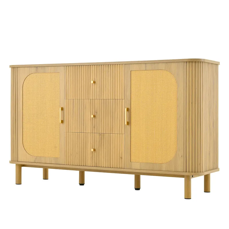 Comodă cu uși din ratan, design curbat, 140x40x80 cm, Culoare naturală