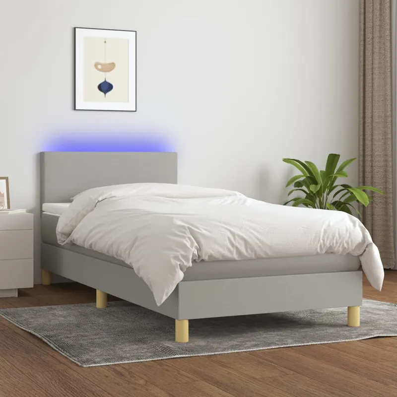 pat cu arcuri, saltea si led, gri deschis, 80x200 cm, textil
