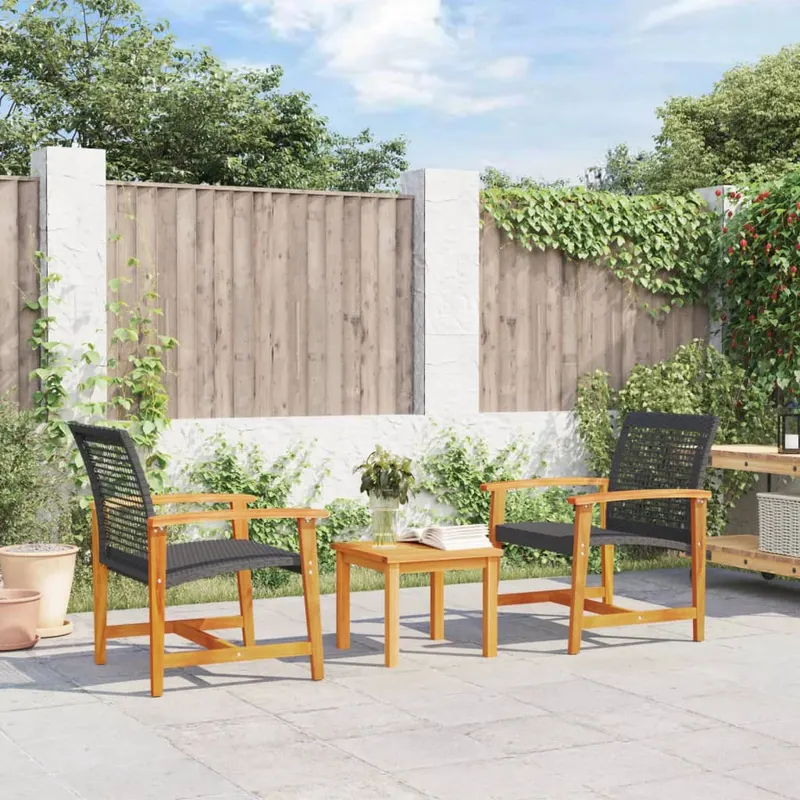 set mobilier bistro, 3 piese, poliratan negru/lemn de acacia
