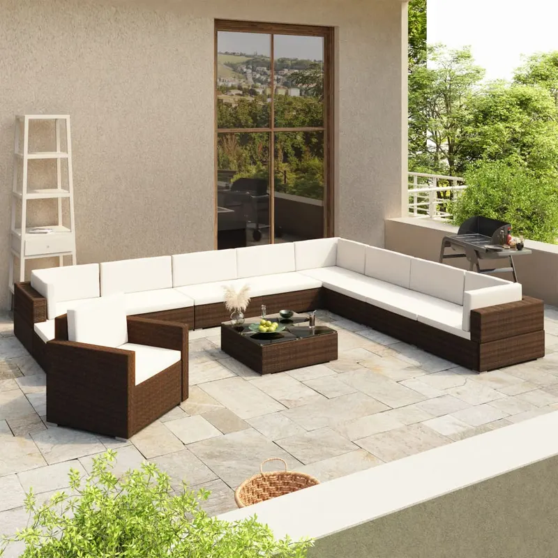 set mobilier de gradina cu perne, 12 piese, maro, poliratan