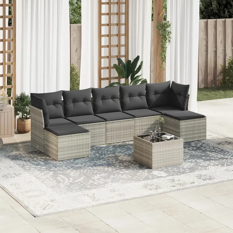 set mobilier de gradina cu perne, 8 piese gri deschis poliratan