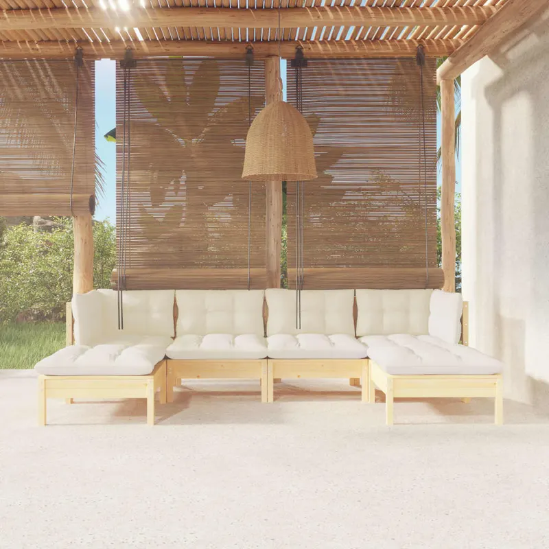 set mobilier gradina cu perne crem, 6 piese, lemn masiv de pin