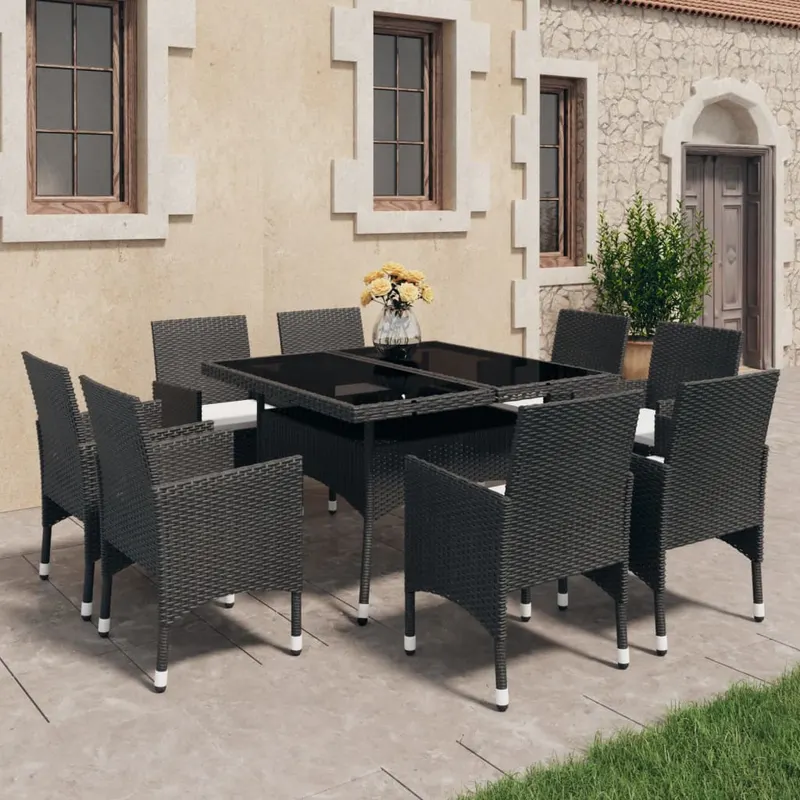 set mobilier gradina, 9 piese, negru, poliratan, lemn acacia