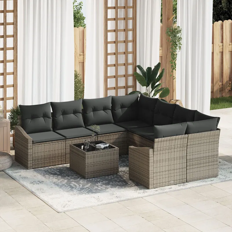 set de dining cu 9 piese cu perne gri ratan polietilenic