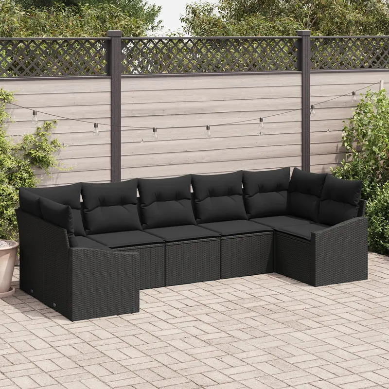 set canapea de gradina cu 7 piese si perne negru poliratan