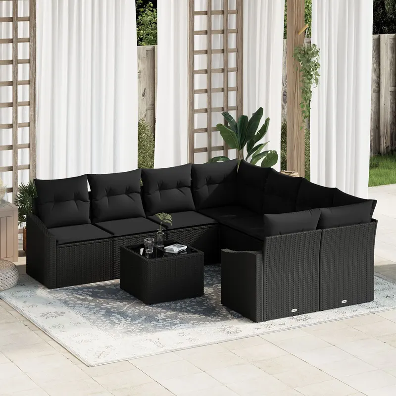 set de canapea pentru gradina , 9 piese, cu perne, ratan negru