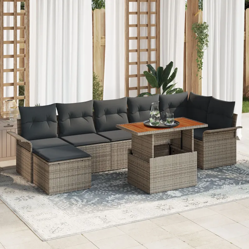 set de dining pentru gradina cu 8 piese si perne gri din poliratan si acacia