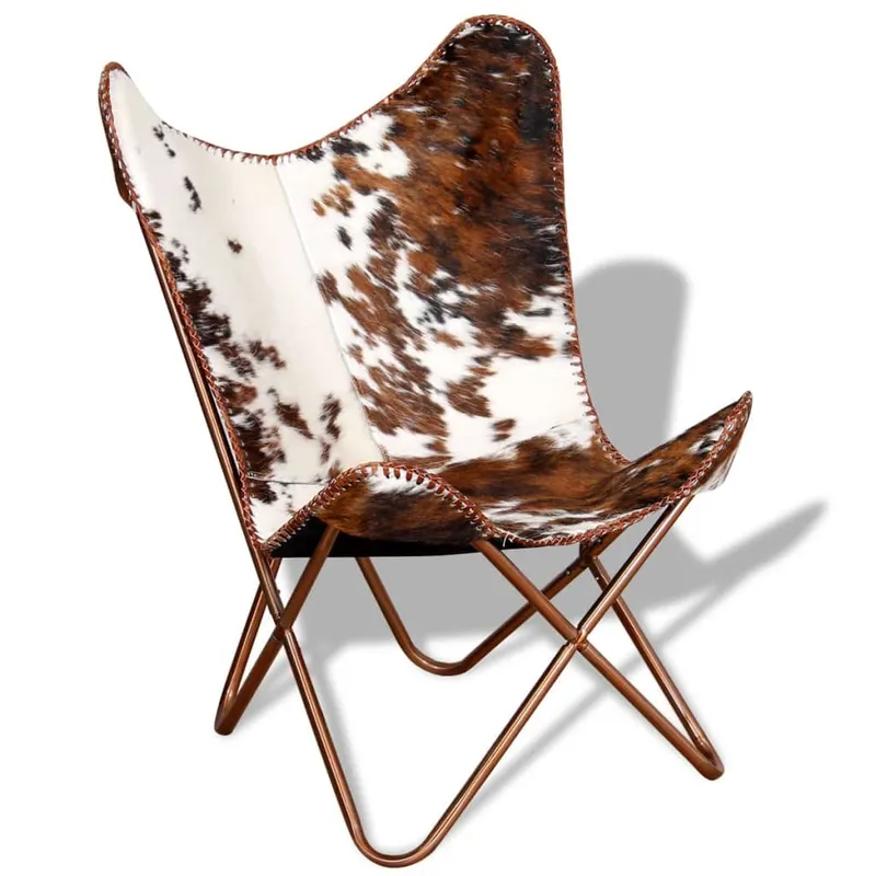 scaun tip fluture, maro si alb, piele de vaca naturala