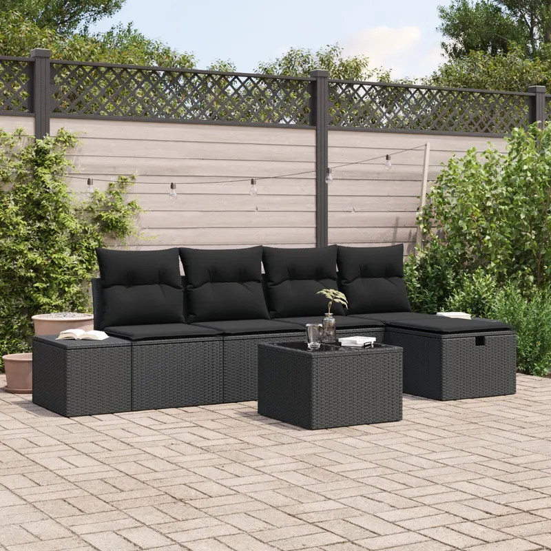 set de canapea de gradina cu 6 piese si perne, negru, din ratan poli