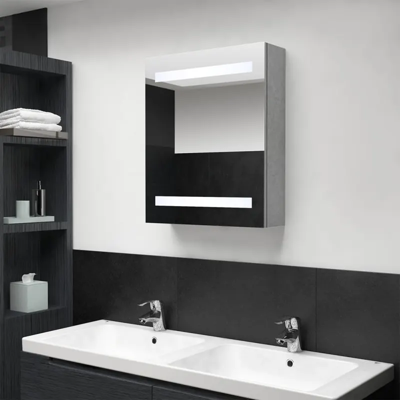 dulap de baie cu oglinda si led, gri beton, 50x14x60 cm