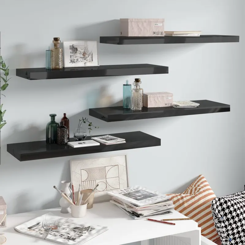 rafturi de perete, 4 buc., negru extralucios 80x23,5x3,8 cm mdf