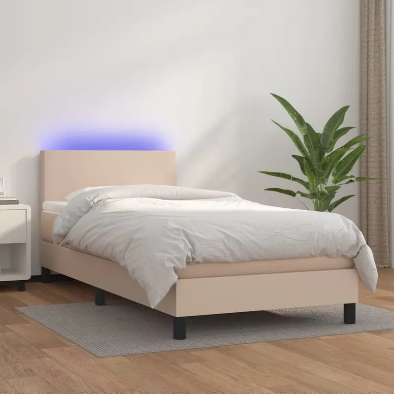 Pat cu arcuri, cu saltea si led cappuccino 100x200 cm piele eco