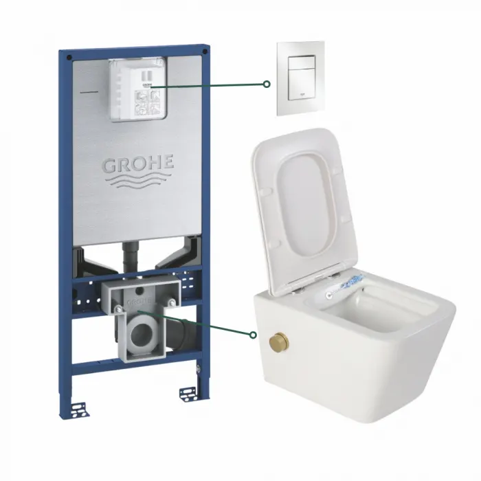 Set vas wc suspendat cu functie bideu alb si baterie inclusa auriu mat Safari, rezervor wc incastrat si clapeta alb alpin, Grohe