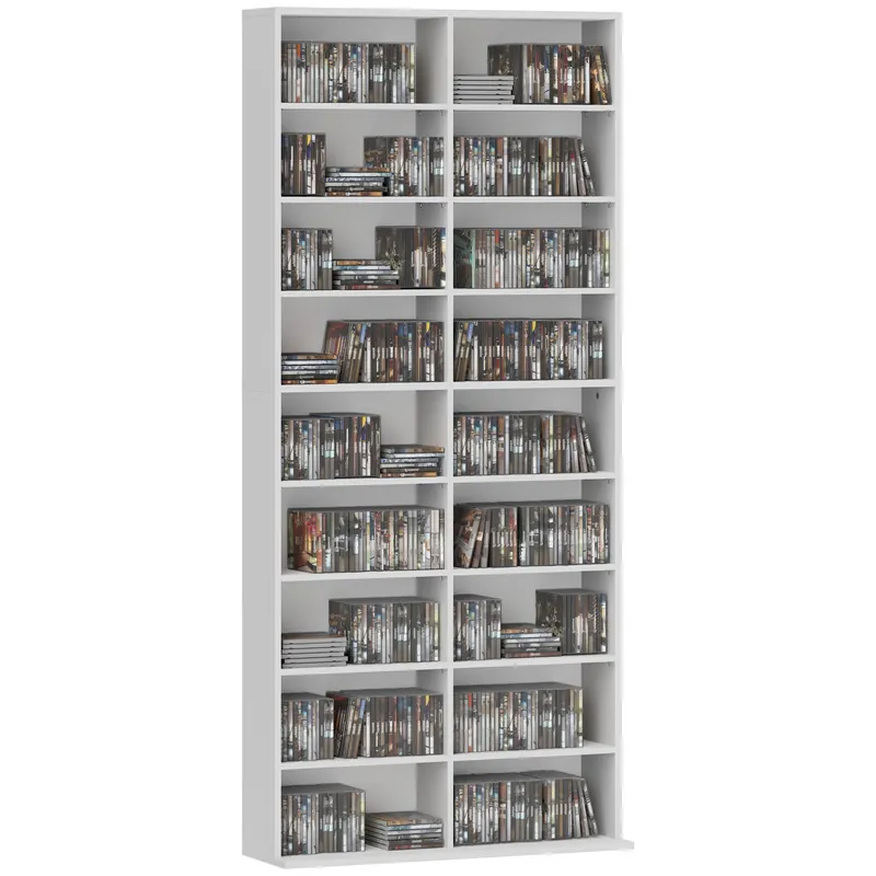 HOMCOM Raft pentru DVD-uri, Raft de depozitare CD, 14 rafturi reglabile, 18 compartimente, 175 cm, Raft Blu-ray, Placă de lemn, Alb