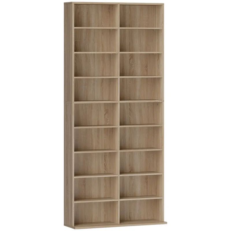 HOMCOM Raft DVD cu 9 niveluri, 18 compartimente și 14 rafturi reglabile, spațiu pentru 640 CD-uri, 360 DVD-uri sau 430 Blu-ray-uri, lemn natural