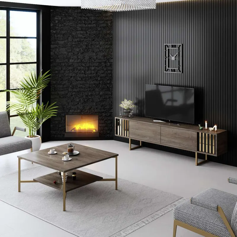 Comodă TV Gold Line - Walnut, Black, Nuc - Auriu, 180x30x18 cm - Auriu - Nuc - Negru