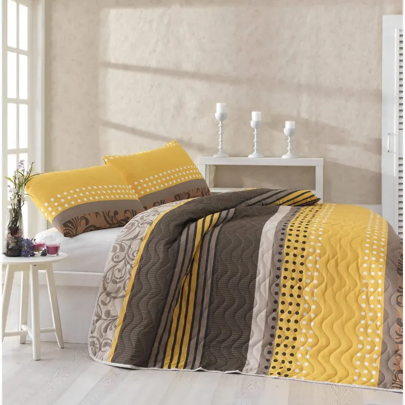Set cuvertură matlasată de pat double, Galben, 220x200 cm - Galben