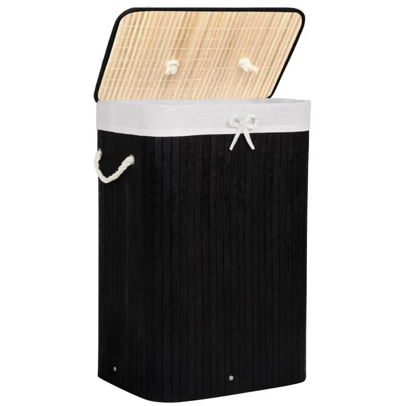 Cos de rufe cu capac, din bambus cu sac textil detasabil, 72 litri, 40x30x60 cm, negru