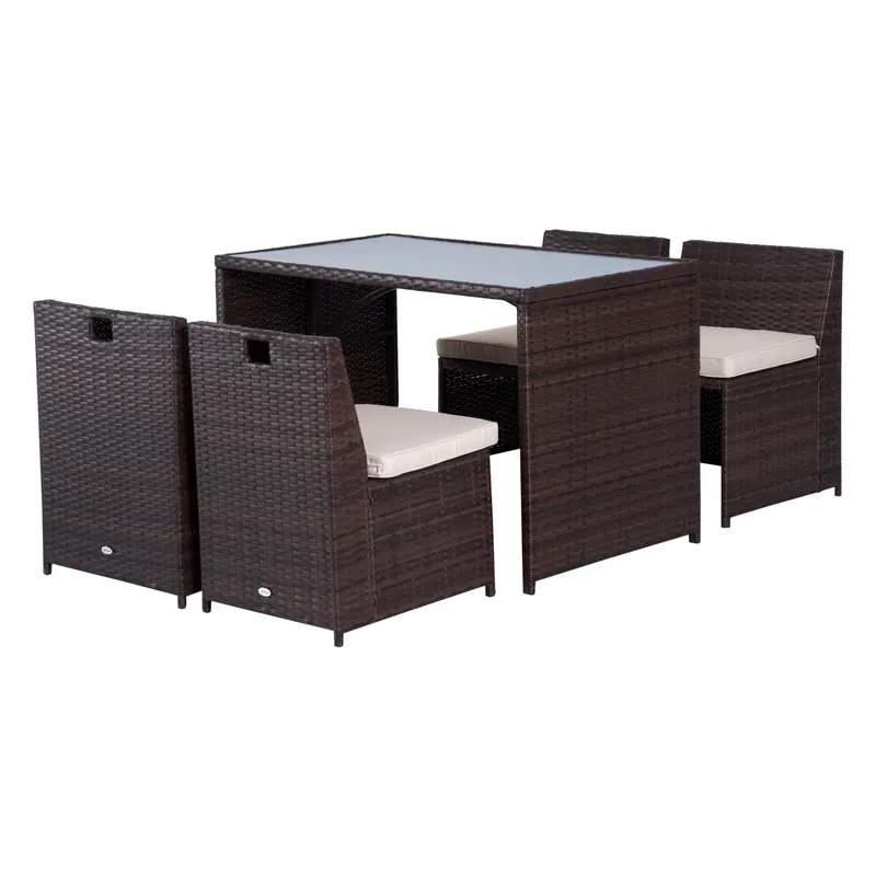 Outsunny Set Mobilier Grădină Ratan 5 Piese, Masă Prânz, 4 Scaune Terasă, Perne Incluse, Maro