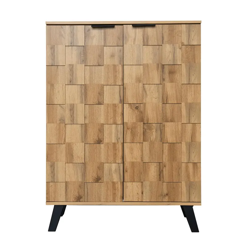 Dulap modern pentru pantofi cu 5 compartimente, model geometric cu aspect de lemn, pentru hol și zona de intrare, 80,5x35x109,5 cm, Culoare naturală