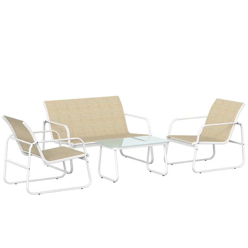 Outsunny Set Mobilier Grădină 4 Piese cu Canapea, Fotolii, Măsuță, Bej și Alb