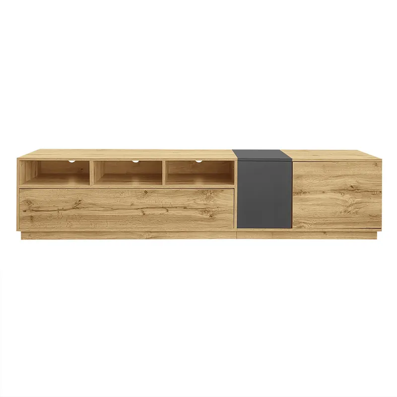 Comodă TV în culori contrastante, 200x45x45 cm, Culoare naturală+Gri