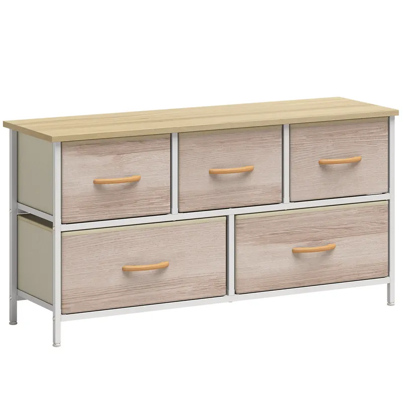HOMCOM Comodă cu 5 Sertare din Material Textil Comodă pentru Dormitor Cadru Metalic Comodă pentru Living Birou Natural și Alb