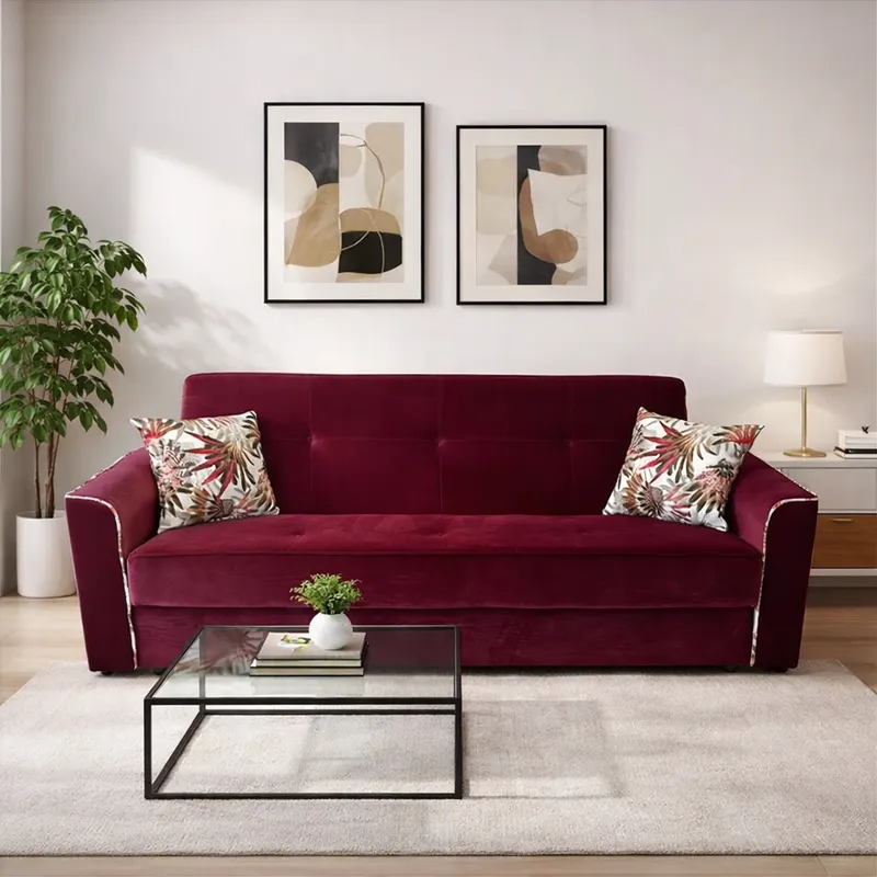 Canapea VERA extensibila, 3 locuri, lada de depozitare, catifea rosu bordo, 225x90x90 Rosu Bordo, Catifea