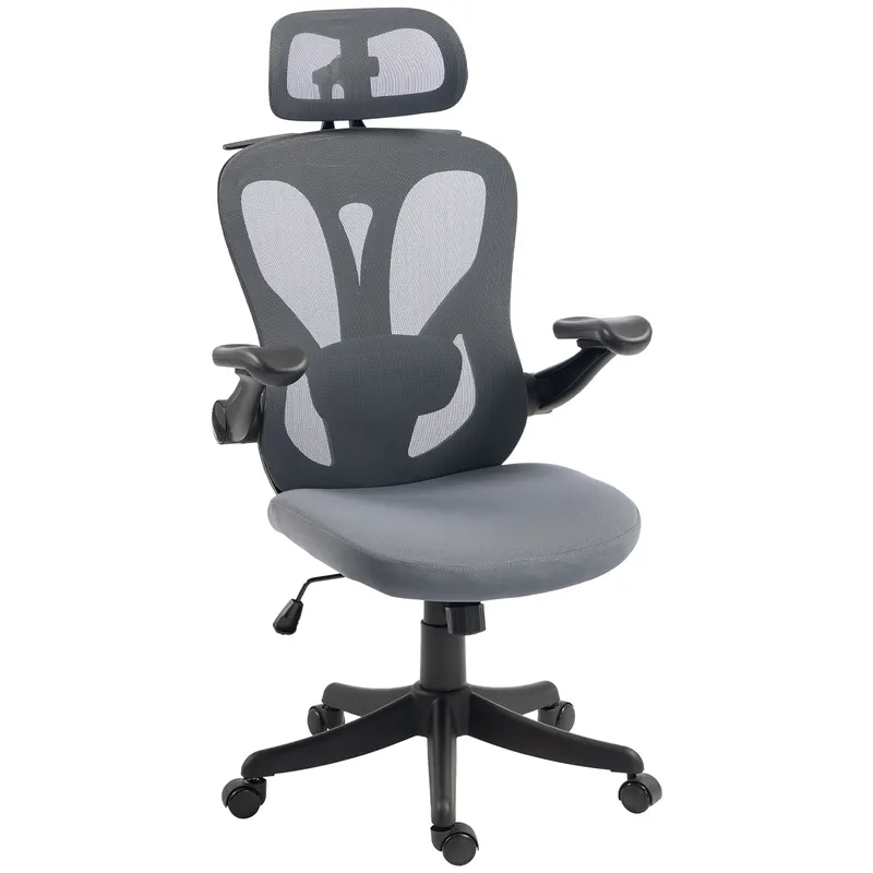 HOMCOM Scaun de Birou Ergonomic cu Tetieră 2D, Cotiere 3D, Înălțime Reglabilă, Mesh Respirabil, Gri Închis