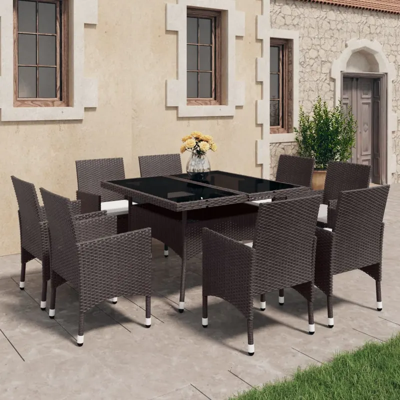 set mobilier gradina, 9 piese, maro, poliratan si sticla