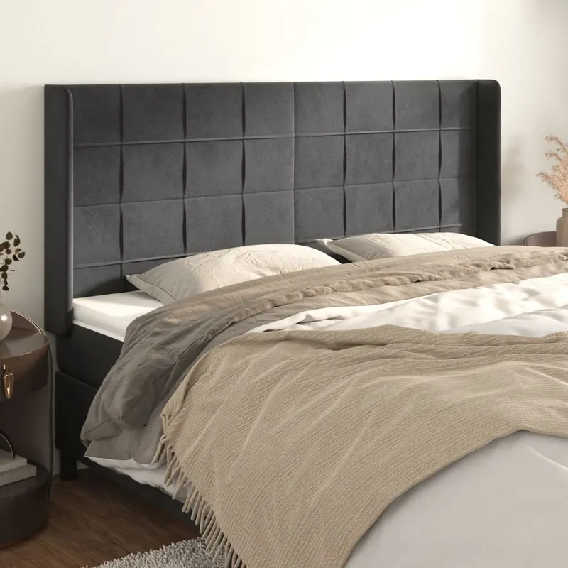 tablie de pat cu aripioare gri inchis 163x16x118/128 cm catifea