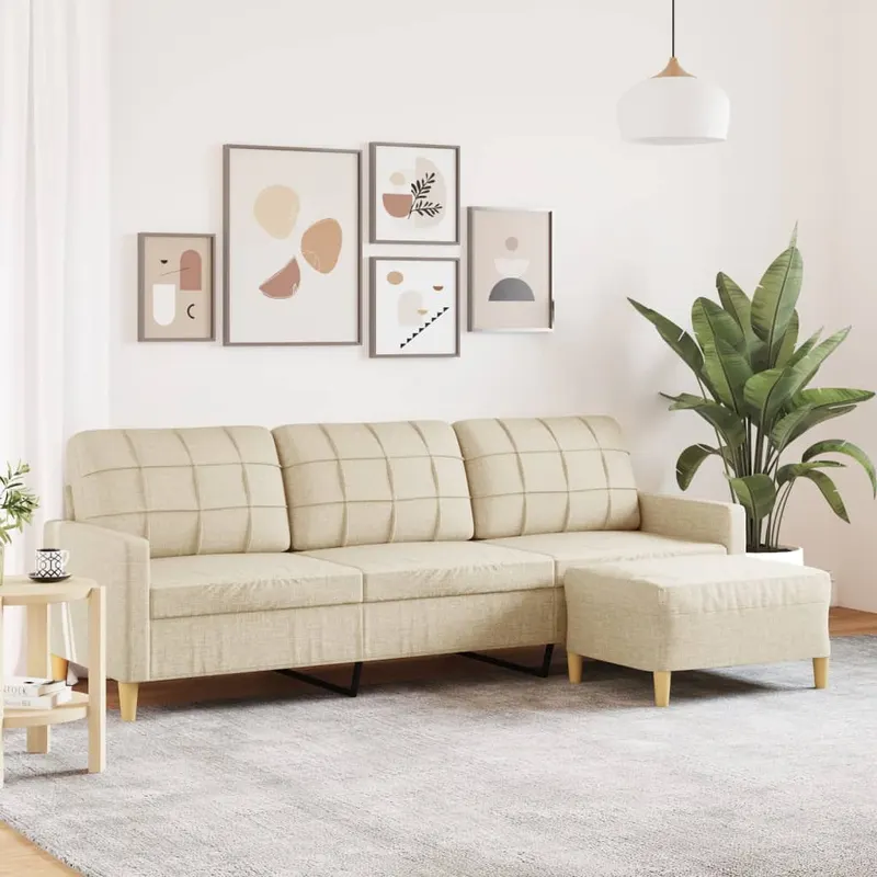 canapea cu 3 locuri si taburet, crem, 210 cm, textil