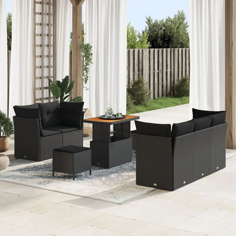 Set de sofa de gradina cu 8 piese si perne negru poliratan acacia, set de dining de gradina cu 3 piese si perne negru poliratan acacia