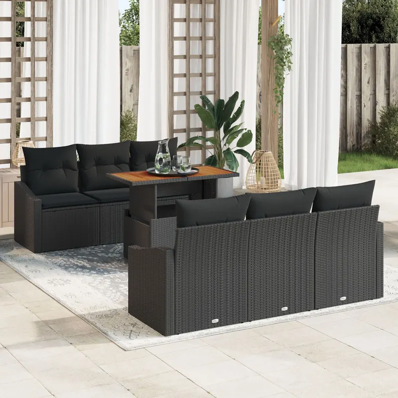 set de canapea de gradina cu 7 piese si perne, negru, ratan sintetic