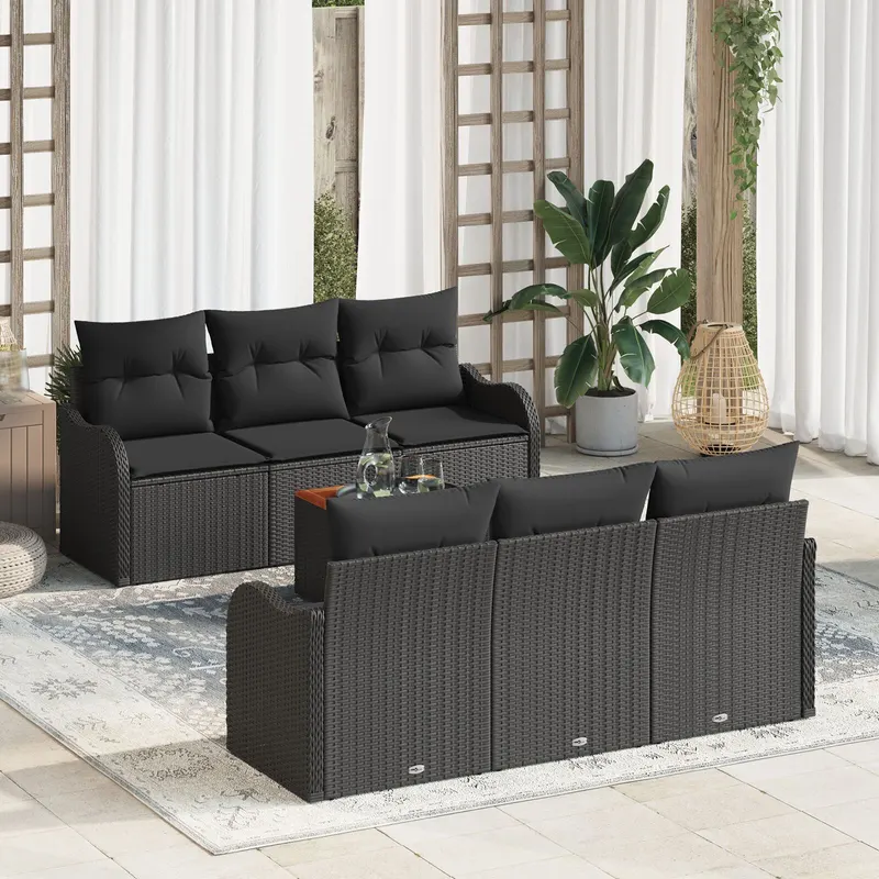 set canapea de gradina cu 7 piese si pernute negru ratan poli acacia, canapea de gradina cu 2 locuri cu pernute negru ratan poli