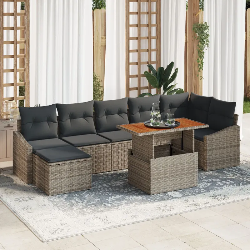 set de dining pentru gradina cu 8 piese si perne gri ratan poli acacia