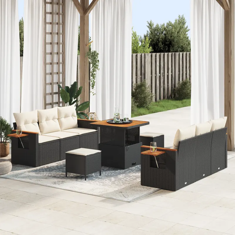 Set de sofa de gradina cu 9 piese si perne din ratan poliester negru, set de dining de gradina cu 3 piese si perne din ratan poliester negru