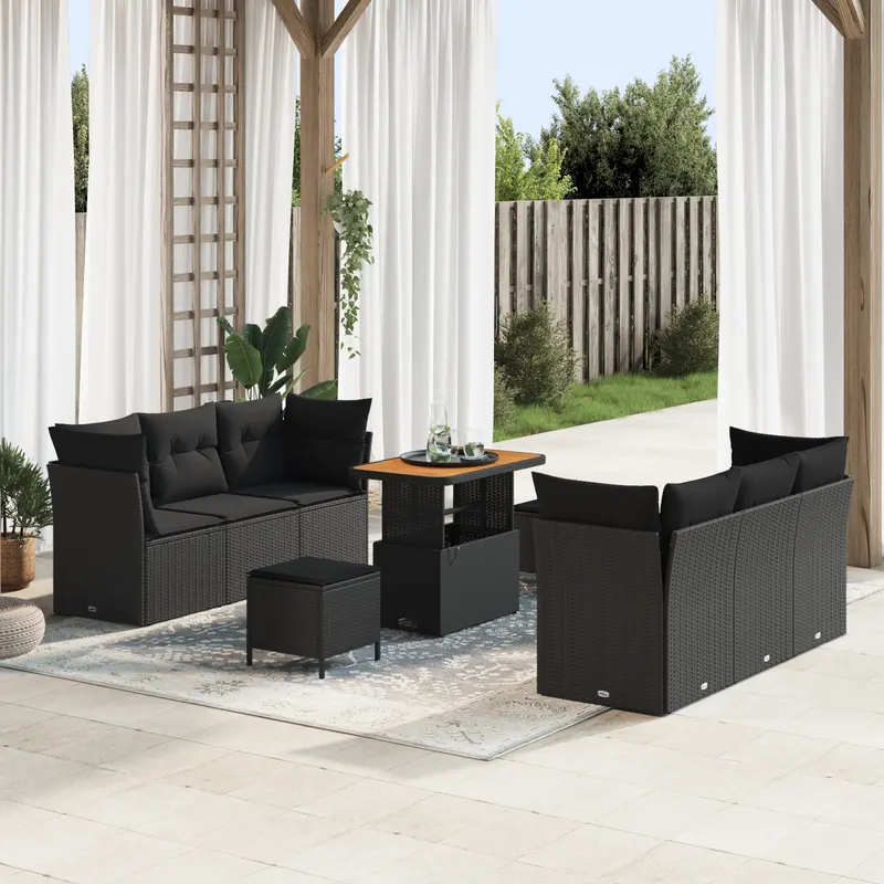 Set canapea gradina cu perne negru poli ratan acacia, set dining gradina cu perne negru poli ratan acacia