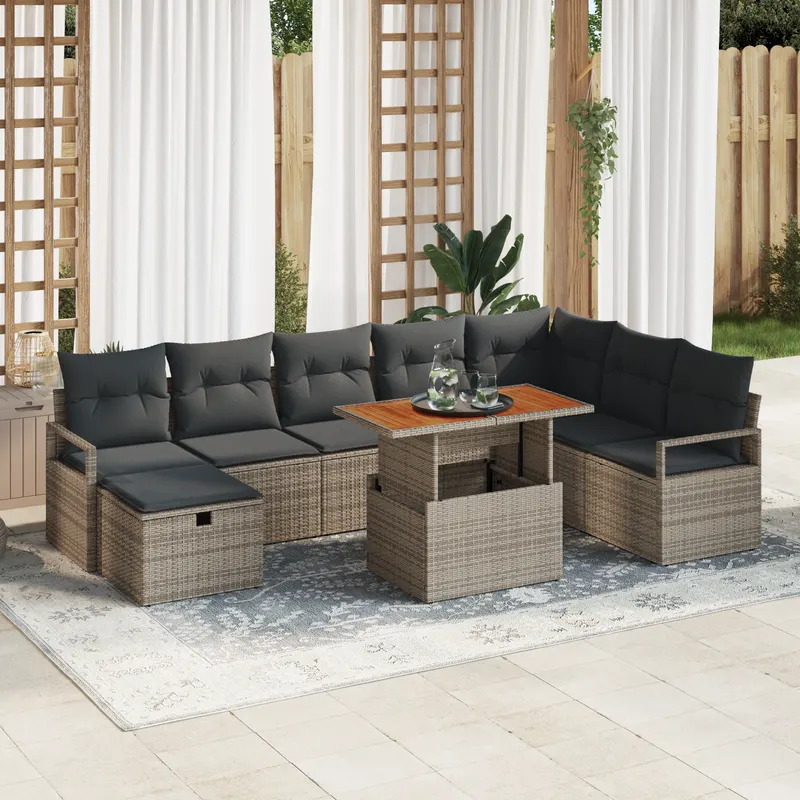 set de canapea pentru gradina cu 9 piese si perne gri din ratan poly