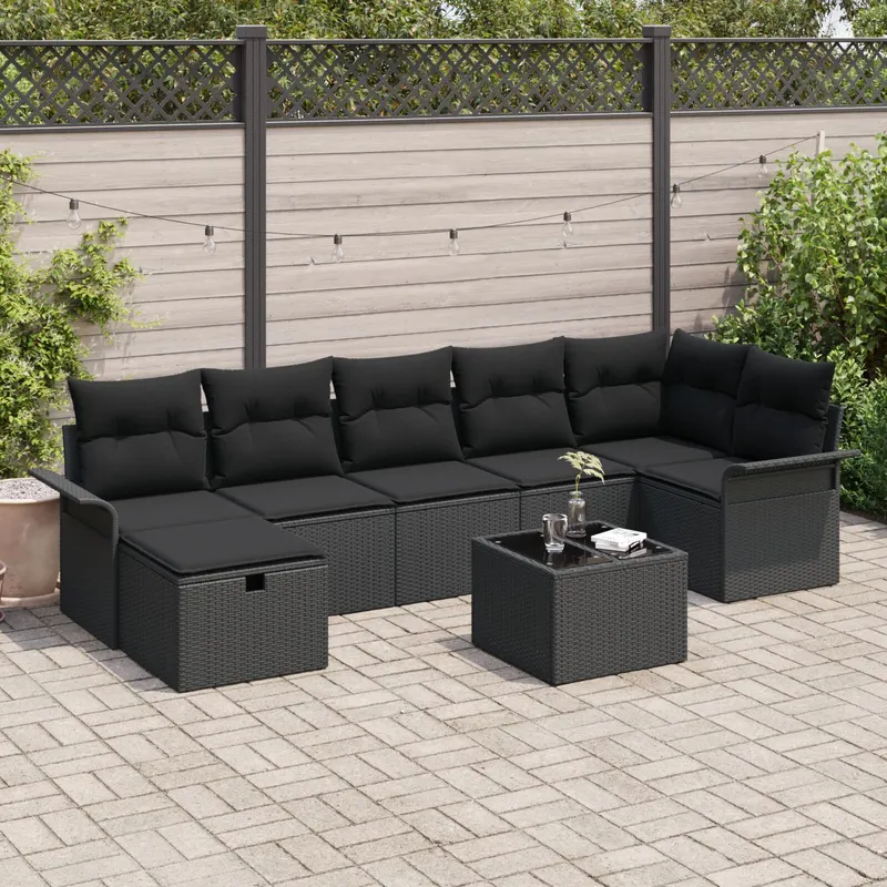 set canapea de gradina cu 8 piese si perne negru poliratan