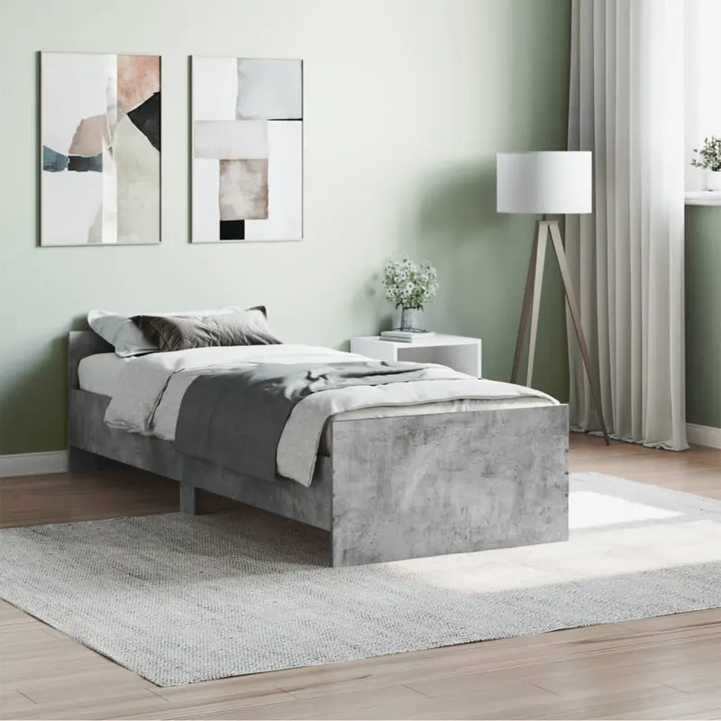 cadru de pat mic single, gri beton, 75x190 cm, lemn prelucrat